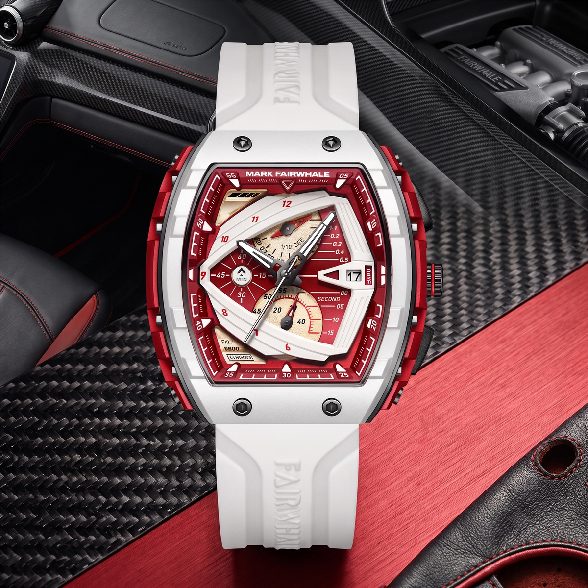 Men’s Luxury Sport Chronograph Watch – Bold White & Red Statement Timepiece | Make Every Second Look Powerful