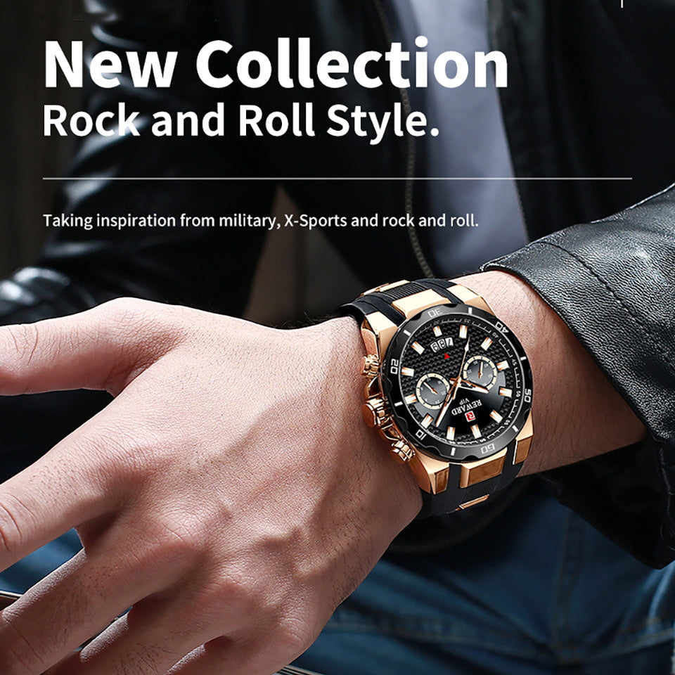 Men's REWARD VIP Multifunction Chronograph – Rose Gold Case, Black Dial, Luminous Hands, Waterproof Design