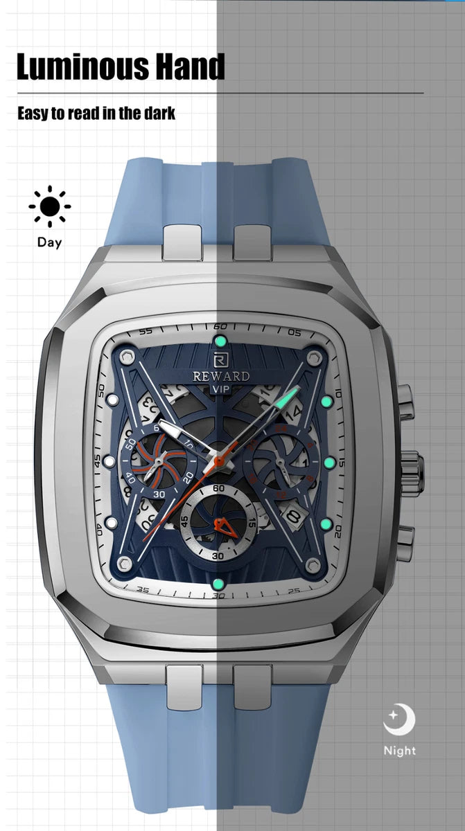 Reward VIP Skeleton Dial Sports Watch – Premium Square Design with Soft Silicone Strap