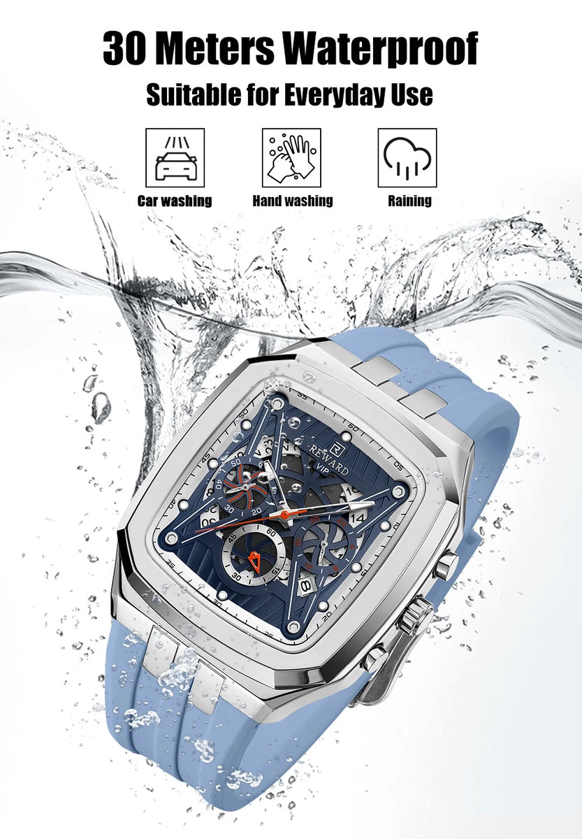 Reward VIP Skeleton Dial Sports Watch – Premium Square Design with Soft Silicone Strap