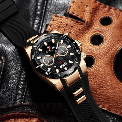 Men's REWARD VIP Multifunction Chronograph – Rose Gold Case, Black Dial, Luminous Hands, Waterproof Design
