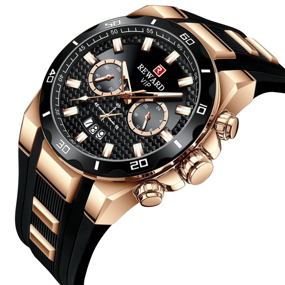 Men's REWARD VIP Multifunction Chronograph – Rose Gold Case, Black Dial, Luminous Hands, Waterproof Design