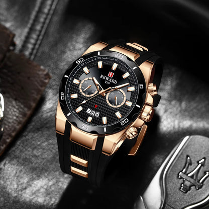 Men's REWARD VIP Multifunction Chronograph – Rose Gold Case, Black Dial, Luminous Hands, Waterproof Design