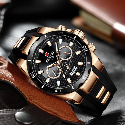 Men's REWARD VIP Multifunction Chronograph – Rose Gold Case, Black Dial, Luminous Hands, Waterproof Design