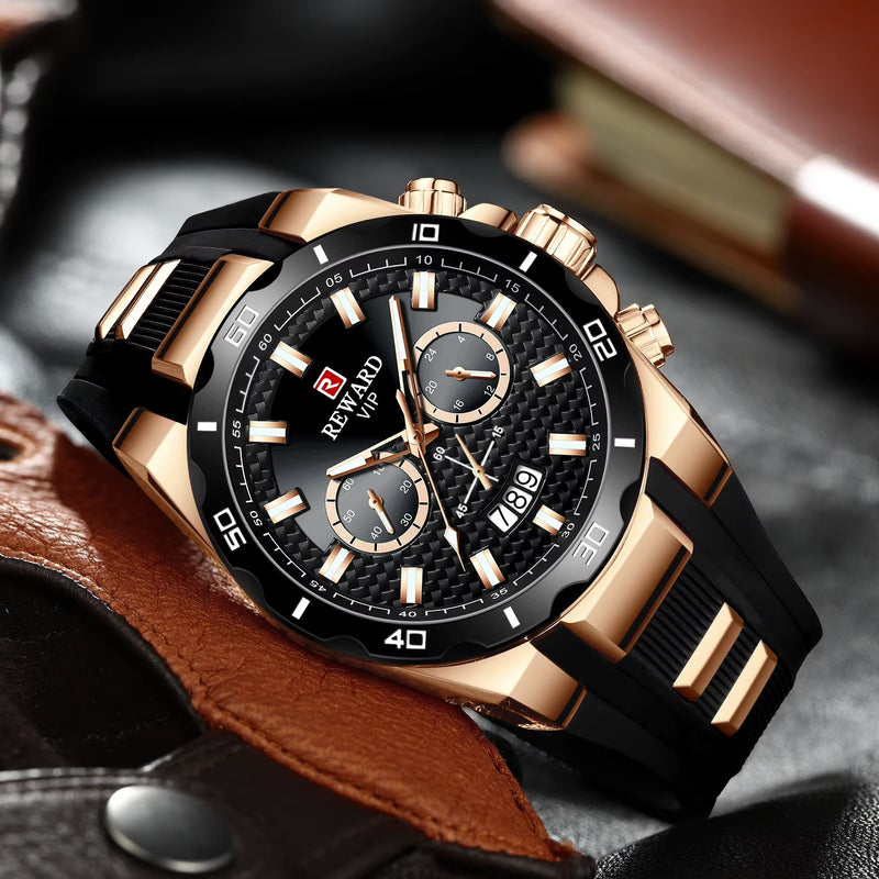 Men's REWARD VIP Multifunction Chronograph – Rose Gold Case, Black Dial, Luminous Hands, Waterproof Design detail view